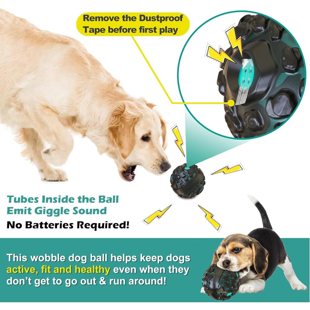 Dog Toy Ball for Aggressive Chewers, Interactive Fetch Dog Ball with Fun Squeaky Wobble Giggle Sound, Durable for Small Medium Large Dogs, Non-Toxic Rubber Pet Chew Toys