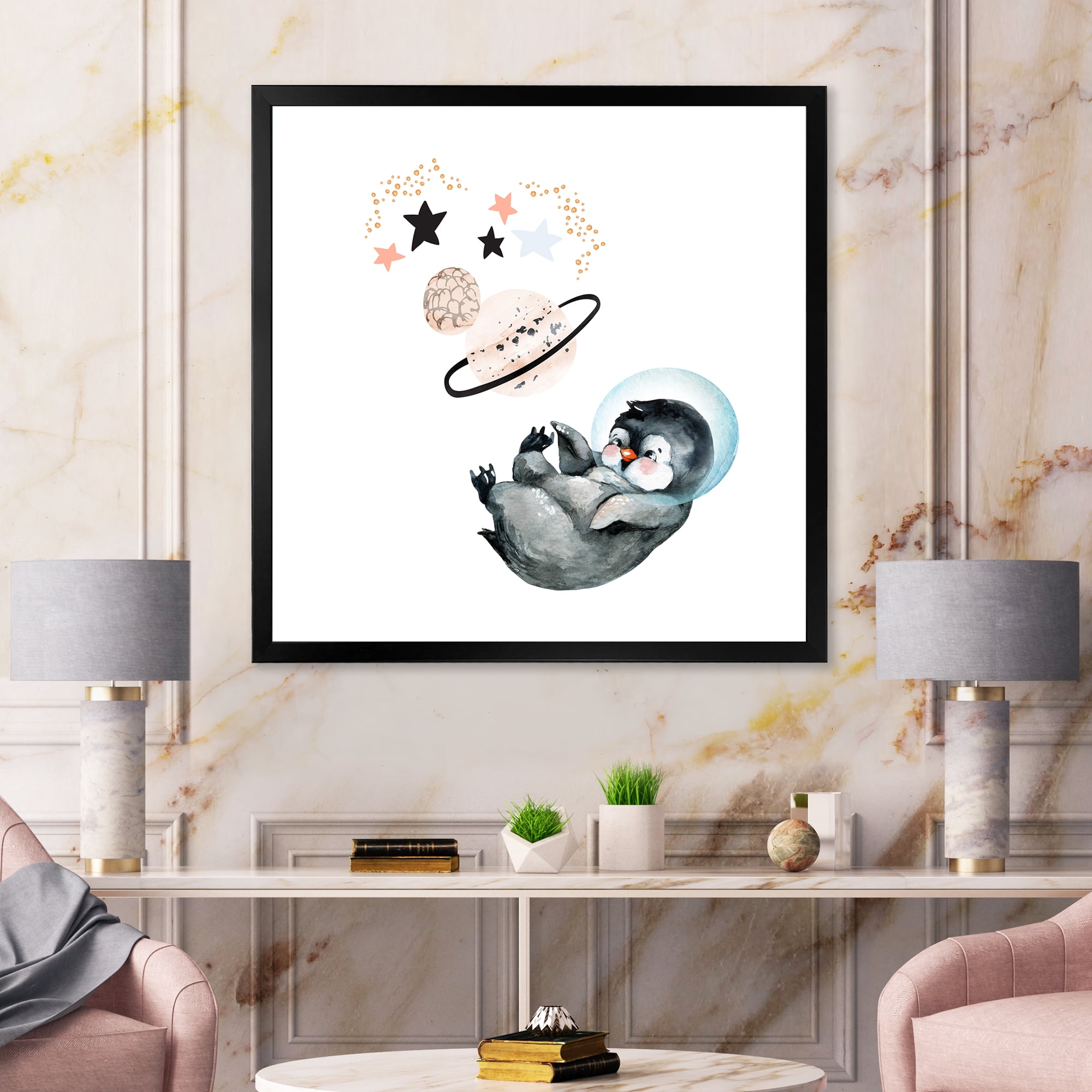 Designart 'Little Penguin With Planets and Stars I' Farmhouse Framed Art Print