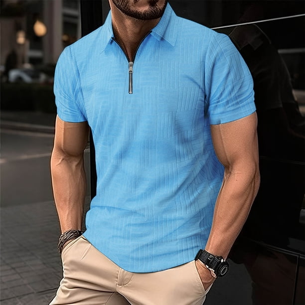 Ceisia Men's Slim Fit Short Sleeve Zip-Up Polo Shirt Turn-Down Collar Textured Fabric Spring Summer Shirt Gift