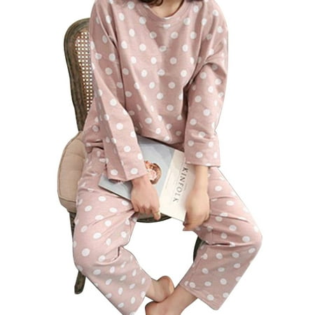 Funcee Women Lovely Polka Dot Long Sleeve Shirts + Pants Sleepwear Pajama