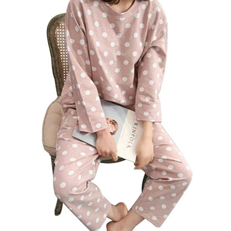 Polka Dot Pj Pants - Funcee Women Lovely Polka Dot Long Sleeve Shirts + Pants Sleepwear Pajama Set