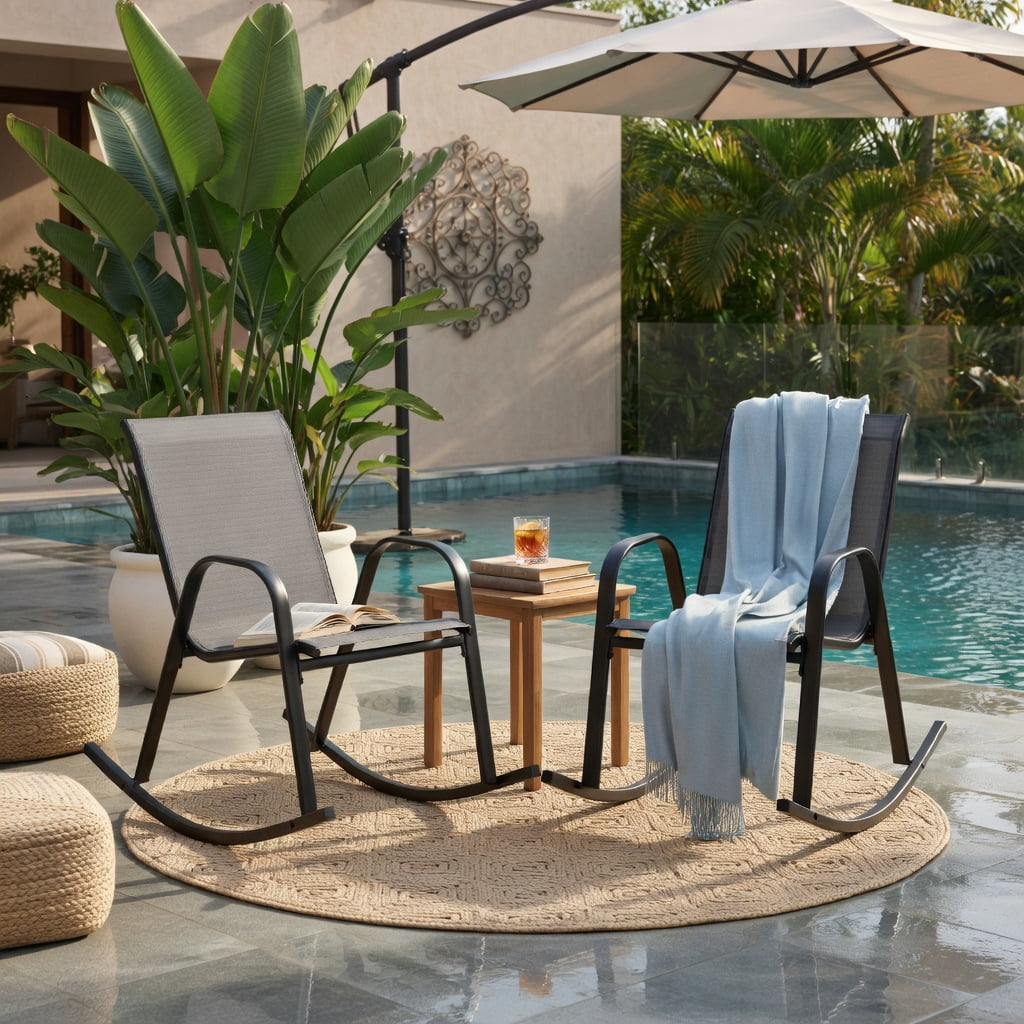 Hommoo 2-Pack Modern Metal Rocking Chairs for Patio, Rust-Resistant Steel Frame, Breathable Fabric Seat, Outdoor Rockers with Safety Stopper, Gray