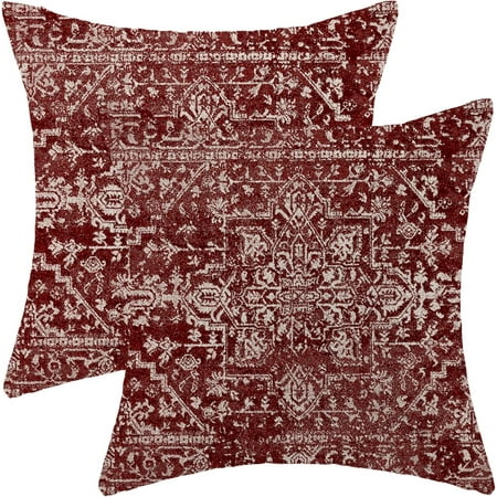 

Boho Pillow Covers 16x16 Set of 2 Burgandy Red Carpet Pattern Decorative Throw Pillows Linen Ethnic Design Farmhouse Cushion Pillow Covers for Sofa Couch Outdoor Decor