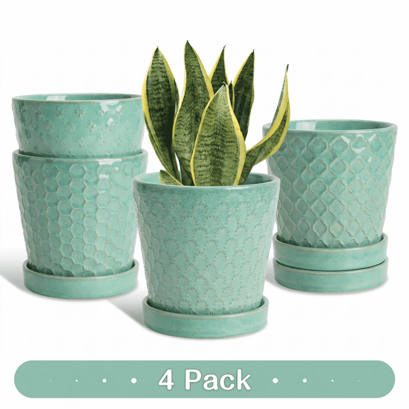 BUYMAX 5 inch Teal Ceramic Plant Pots with Drainage Holes & Saucers, 4-Pack for Herbs, Cactus, Succulents, Home Office Decor