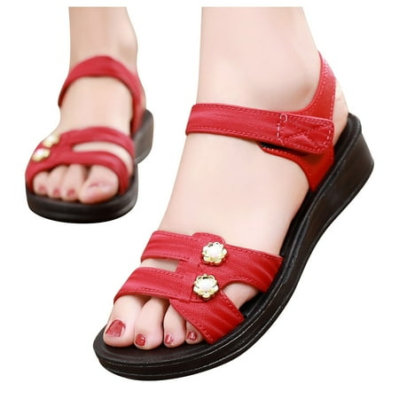

QYZEU Vacation Sandals for Women Leather Sandals for Women Low Heel Hot Sandals for Girls Flower Decor Open Toe Beach Sandals Women Sandals Platform Sandals Red
