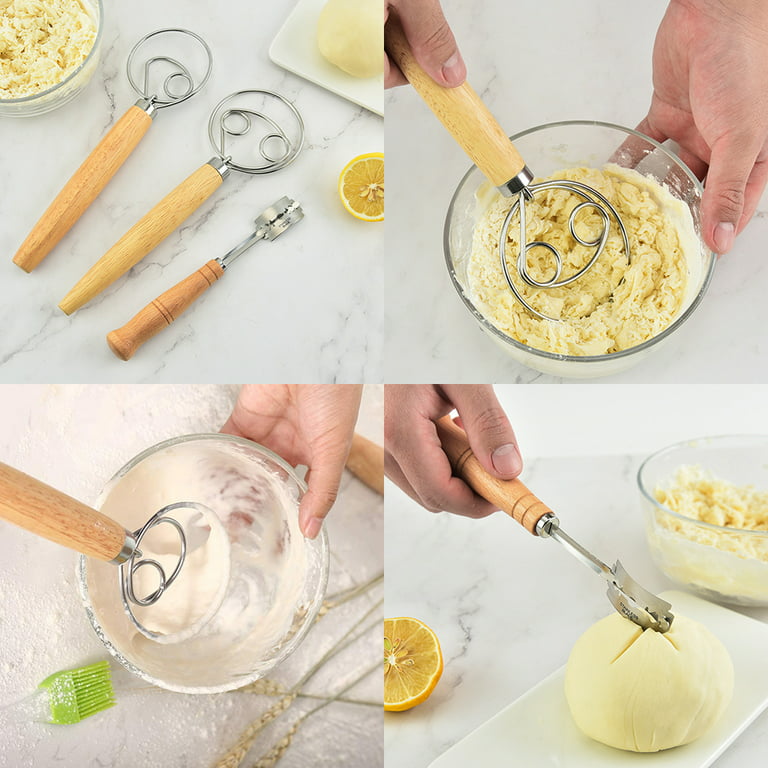 Pack of 2 Danish Dough Whisk Blender Dutch Bread Whisk Hook Wooden Hand  Mixer Sourdough Baking Tools for Cake Bread Pizza Pastry Biscuits Tool