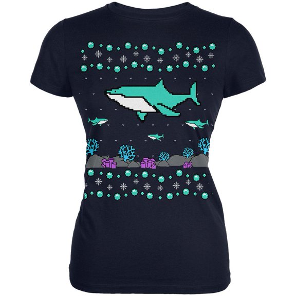 Ugly Christmas Sweater Shark Coral Reef Juniors Soft T Shirt Navy X-LG