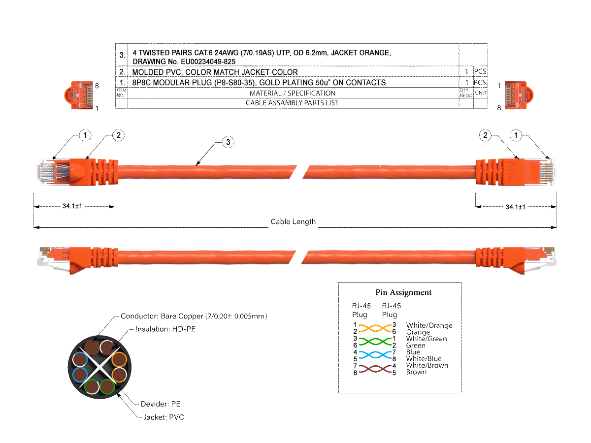 Cable Leader 50ft Cat6 Crossover UTP Ethernet Network Patch Cable Snagless 24AWG Bare Copper, Orange