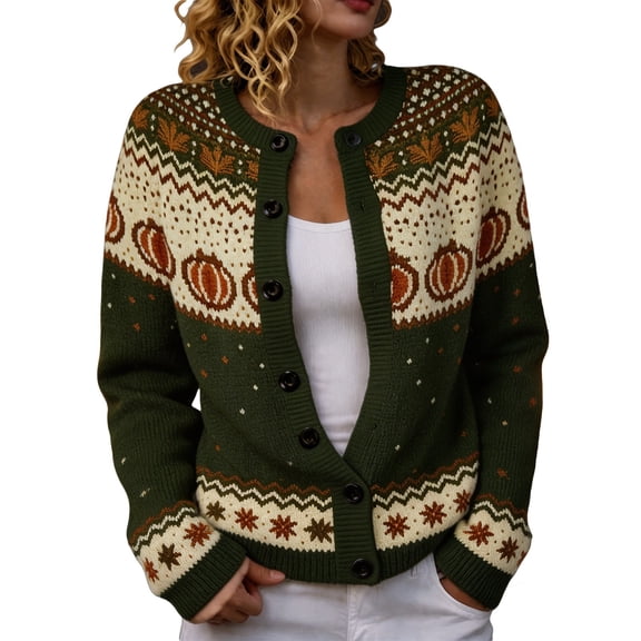 JIAYUE Women Cardigan Button Front Crew Neck Long Sleeve Halloween Pumpkin Fair Isle Print Knit Sweater for Casual Workout