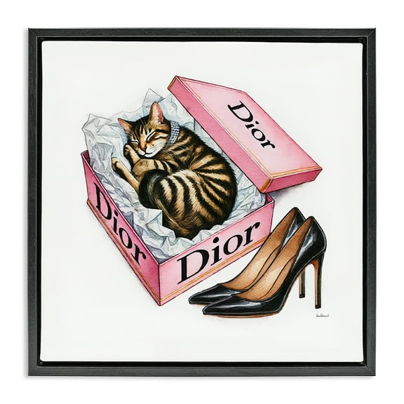 Stupell Industries Pink Shoebox with Kitten Animals Painting Black Floater Framed Canvas Art Print Wall Art, 18 x 18
