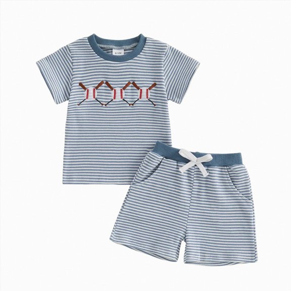 Xyant Toddler Baby Boy Girl Baseball Outfit Stripe Embroidery Short Sleeve T Shirt Tops Shorts Set Casual Summer Clothes (Blue,0-6 Months)