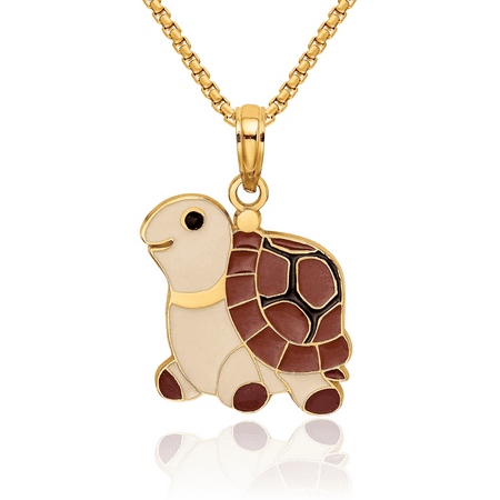 14K Solid Yellow Gold Brown Tan Black Sea Turtle Necklace Chain Pendant Charm