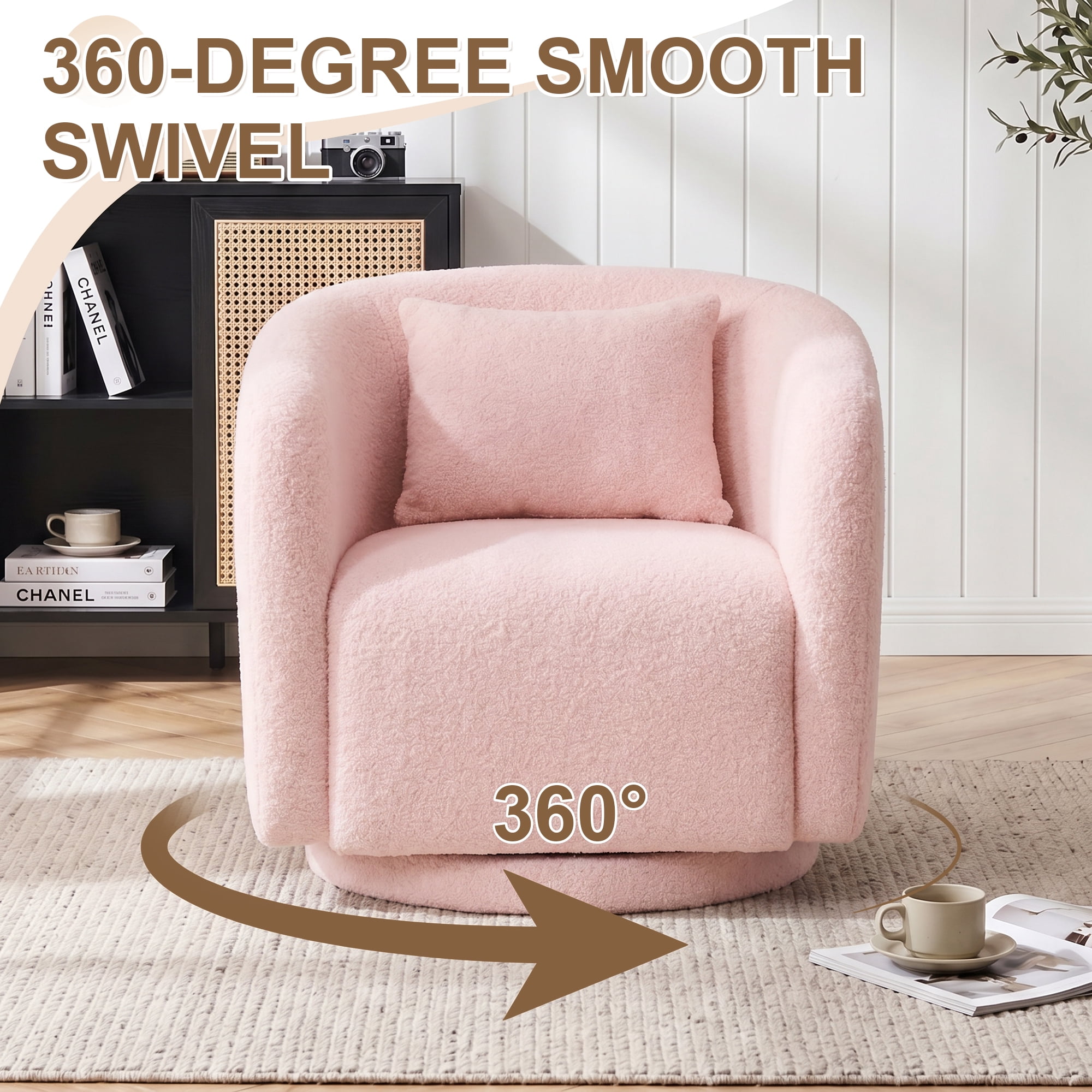 MAYEERTY 31.1" Pink Boucle 360° Swivel Barrel Chair,350LBS Wood Frame Accent Chair with Pillow for Living Room Bedroom Office