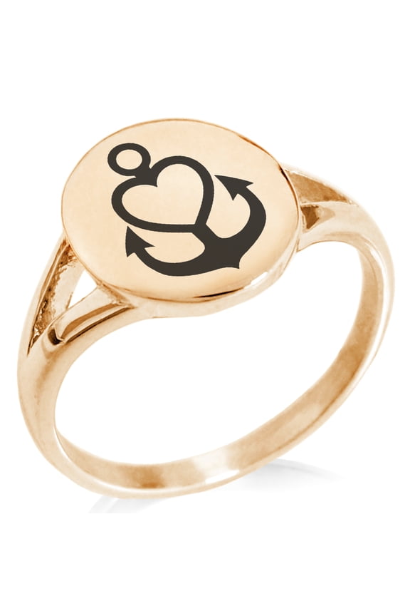 Stainless Steel Nautical Heart Anchor Minimalist Oval Top Polished Statement Ring