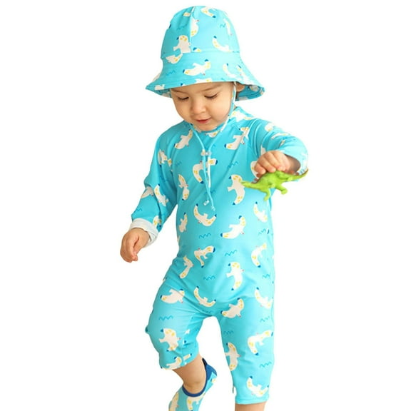 Hienoo Baby Boys Long Sleeve Full Coverage One-Piece Swimsuit Sunsuit and Matching Hat, Sizes 1-7