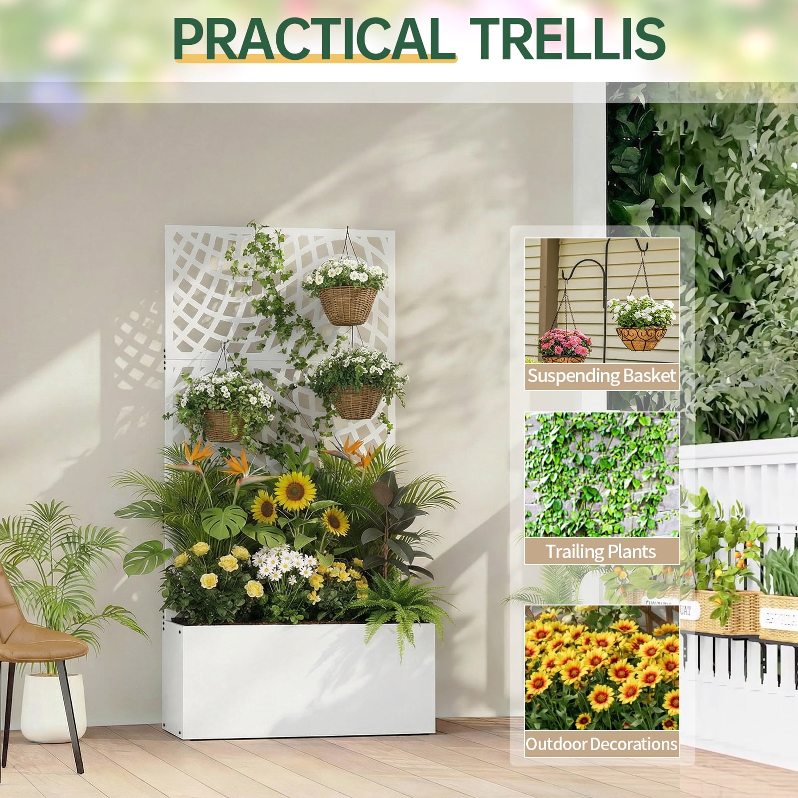 Zimtown 71'' Outside Raised Garden Bed with Drainage Holes, Free-Standing,for Vine Climbing Plants and Flowers, White