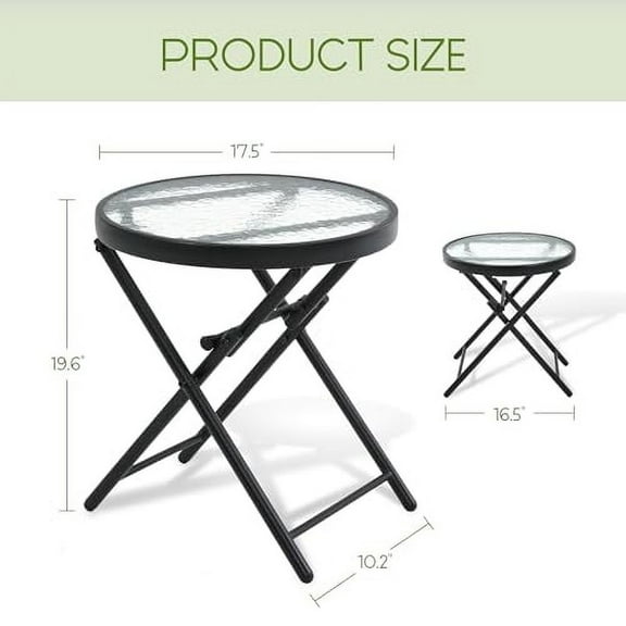 Folding Outdoor Side Table -Patio End Bistro Tables Portable Small 17.5" Round Tempered Glass Top Waterproof Dining Coffee Metal Black
