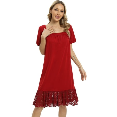 

Baywell Nightgowns for Women Sexy Sleepshirts Square Neck Short Sleeve Sleepwear Lace Trim Soft Short Night Shirts Red S-2XL