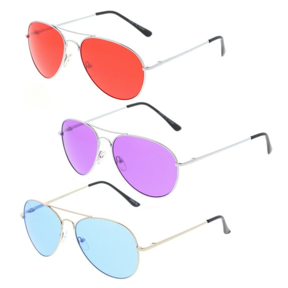 Classic Metal Frame Colored Teardrop Lens Aviator Sunglasses 57mm (3-Pack Deluxe | Red + Purple + Dark Blue)