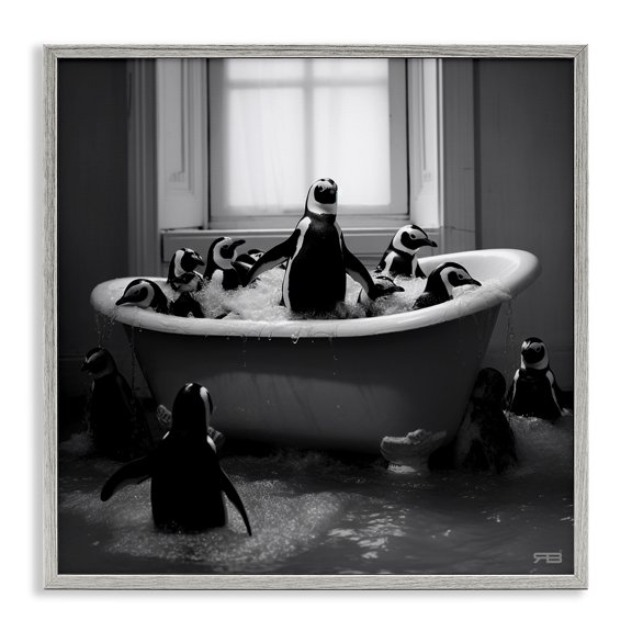 Stupell Industries Modern Penguin Flock in Tub Gray Framed Giclee Art, 12 x 12, by RB