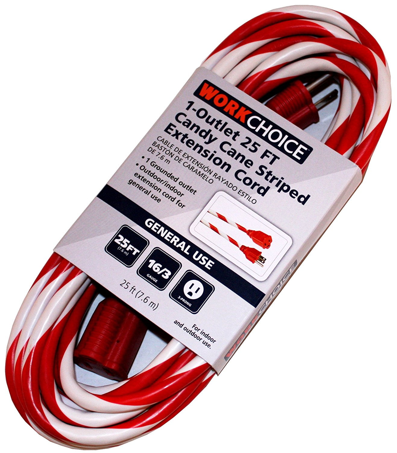 25 Ft Candy Cane Striped Extension Cord, Heavy Duty Outdoor Extension