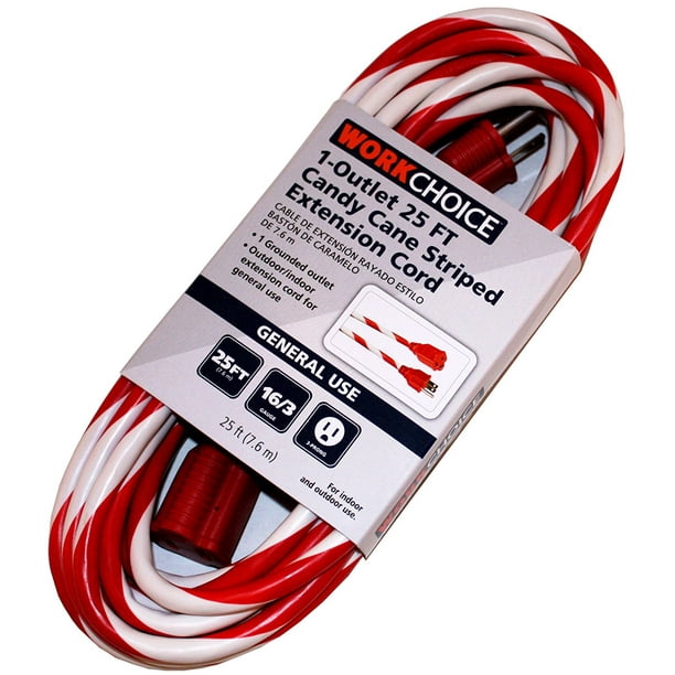 25 Ft Candy Cane Striped Extension Cord, Heavy Duty Outdoor Extension