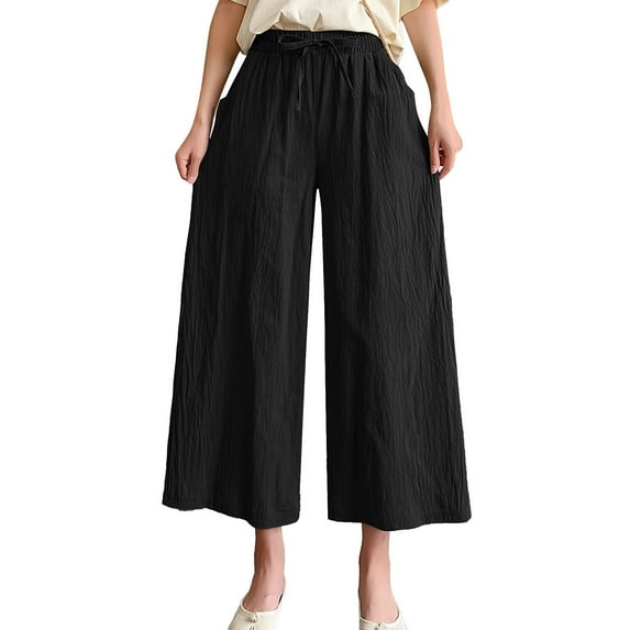 Fsqjgq Womens High Waist Pants with Pockets Pleated Pants for Women Solid Casual Pocket Wide Leg Pants Elastic Waist Belt Loose Pants Cropped Pants Black Xl