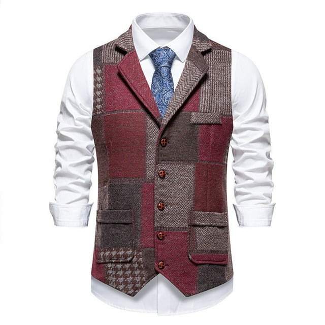 Style With Lapel Retro Patchwork Design Houndstooth Vest For Casual And Formal Wear Men'S Outerwear Vests