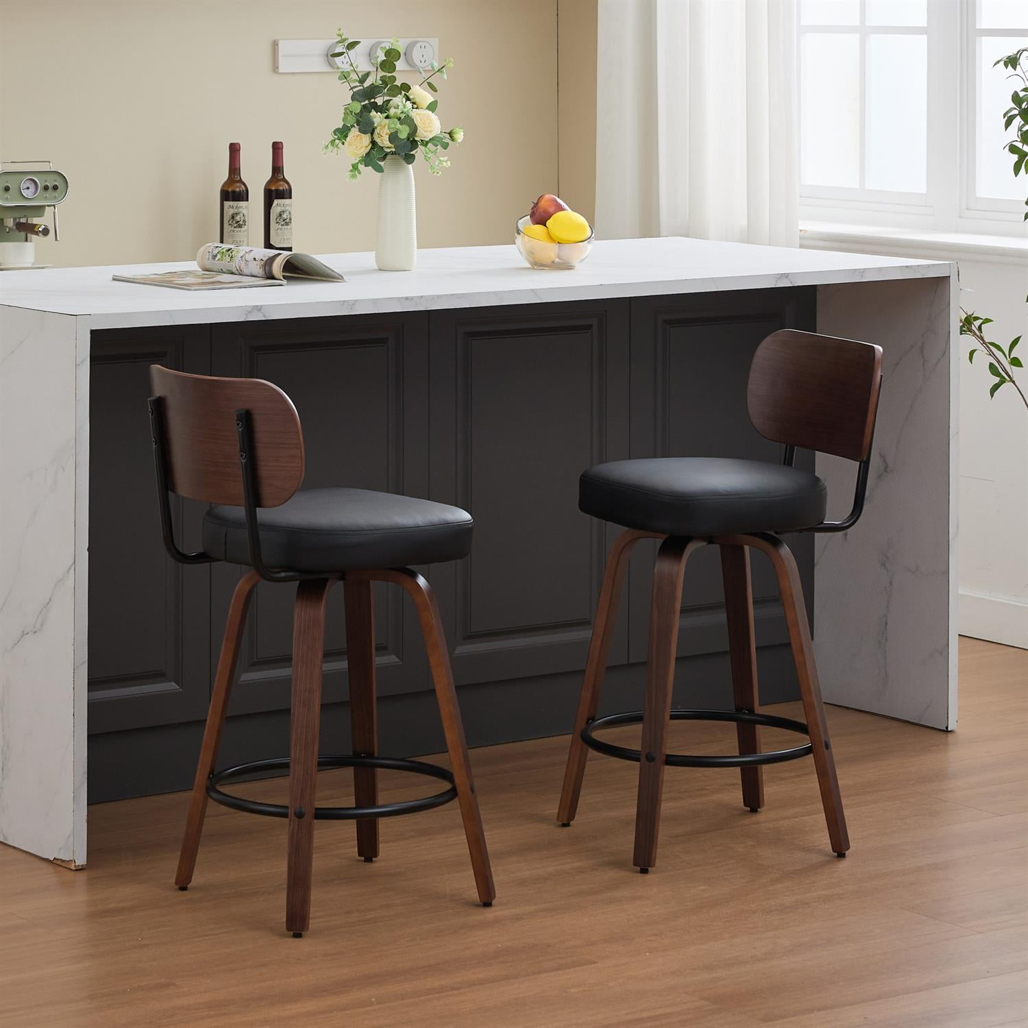 Demi Bonn 35" Swivel Bar Stools Set of 2 with Upholstered Faux Leather， Walnut Back & Bentwood Legs, Counter Height Stools for Kitchen or Bar Seating, Black