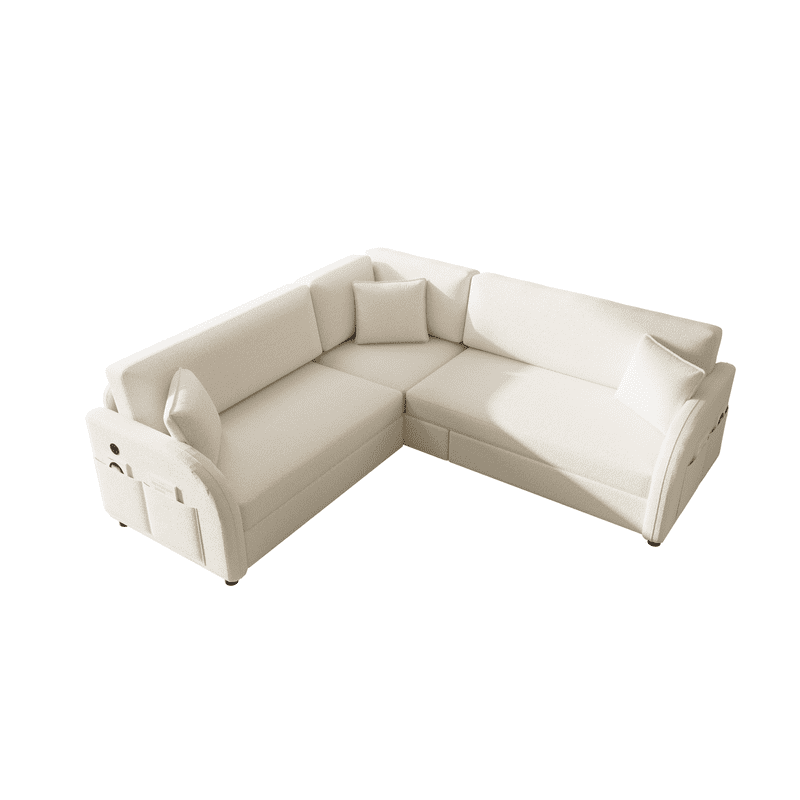85.1" L-Shaped Sleeper Sofa with Pull Out Bed, Convertible Sectional Sofa Couch with USB Charging Port & Side Pocket, Sherpa Fleece Upholstered Sofa Bed, Oversized 5-Seat Sofa for Living Room