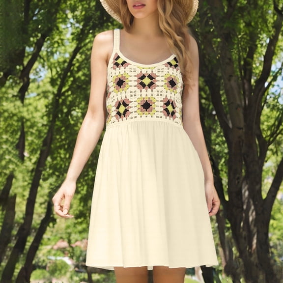 Xysaqa Summer Dresses for Women Crochet Embroidered Cute Comfy Tank Dress Knee Length Spaghetti Strap Flowy Boho Dress Beach Cover Up Dress Yellow