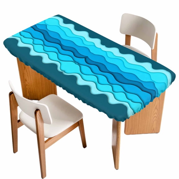 Coastal Blue Wave Table Cloths for 3 Foot Rectangle Tables, Summer Ocean Beach Modern Sea Gradient Patio Waterproof Elastic Fitted Tablecloths, Washable Rectangular Table Cover for Camping