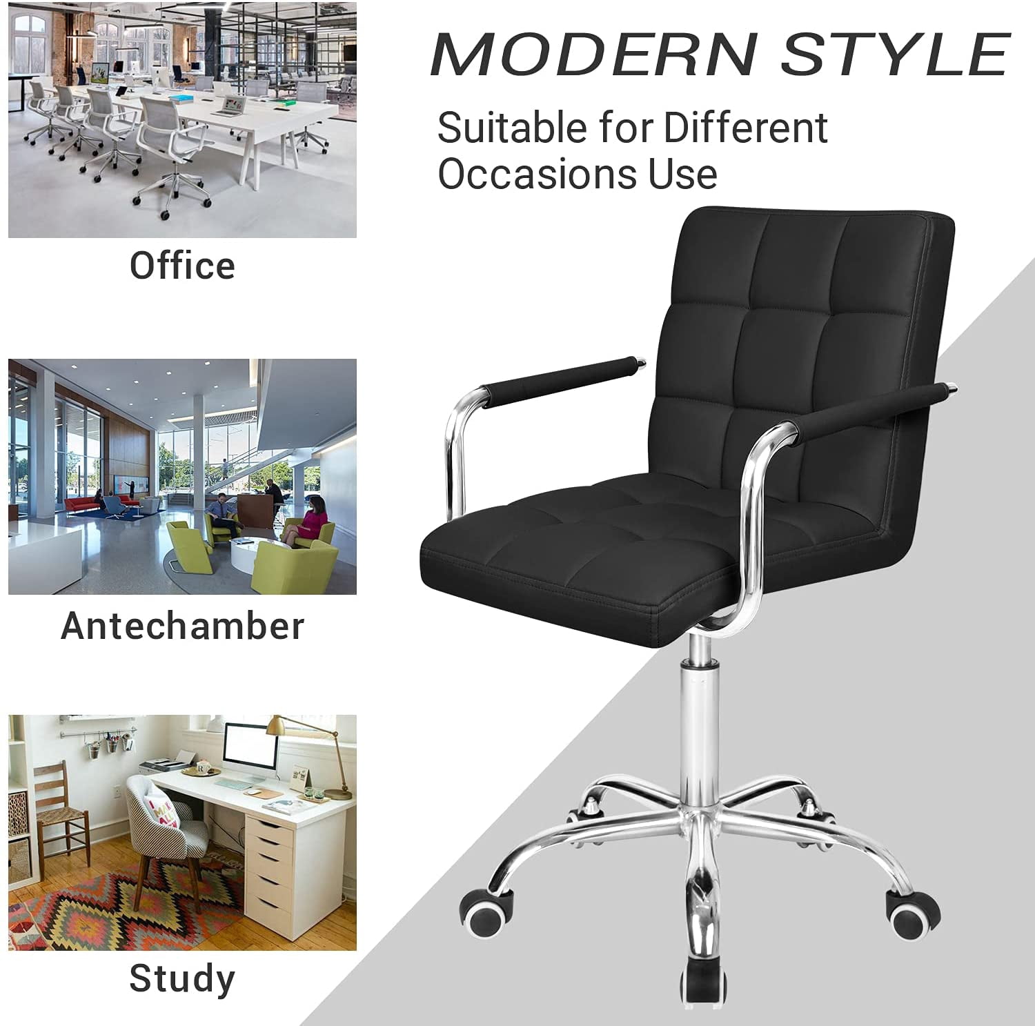Lacoo Mid Back office chair PU Leather Adjustable Height Office Desk Chair 360 Degree Swivel with Armrest, Black