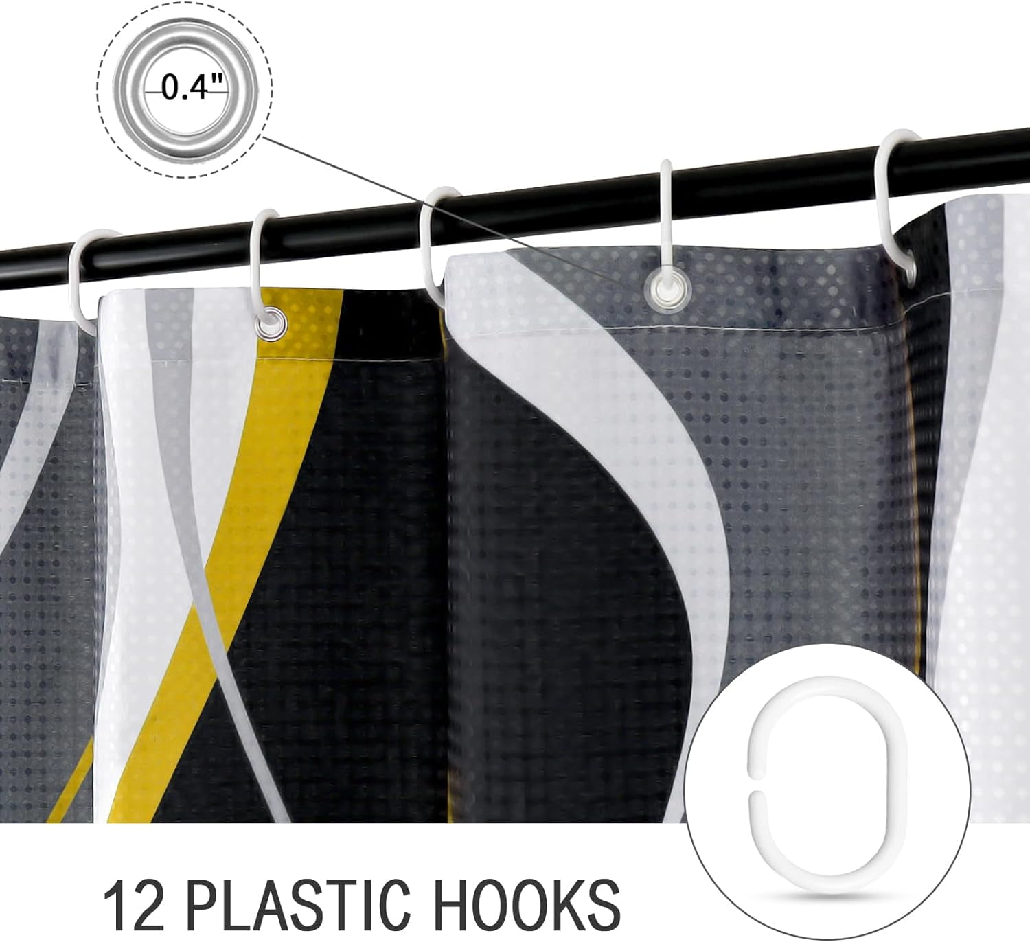 Black and Yellow Shower Curtain, Abstract Modern Grey and Yellow Bathroom Decor Accessories, Waffle Weave Textured Fabric Shower Curtain Set with Hooks, 72x72