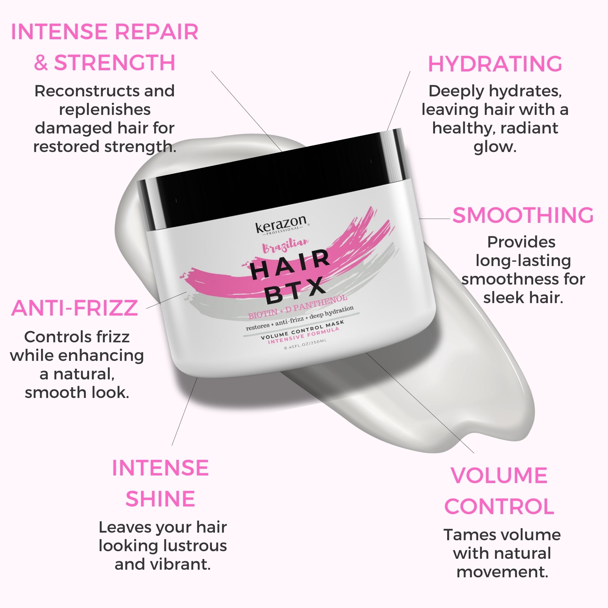 Kerazon Brazilian Hair BTX Smoothing Treatment Original Formula Anti-Frizz Volume Control Hair Mask For Dry, Damaged Hair 8fl oz