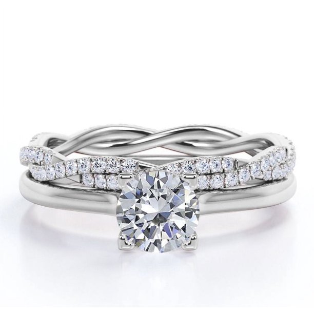 JeenMata Anillo de Bodas Eternidad Cruzada 1,75 Quilates, Juego de Anillos con Garras, Chapado en Oro Blanco 18K sobre Plata (Personalice la Banda)