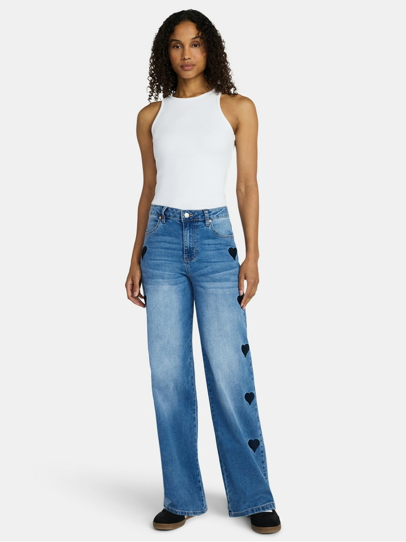 Madden NYC Women's Ultra 90's Jeans with Heart Embroidery, 32