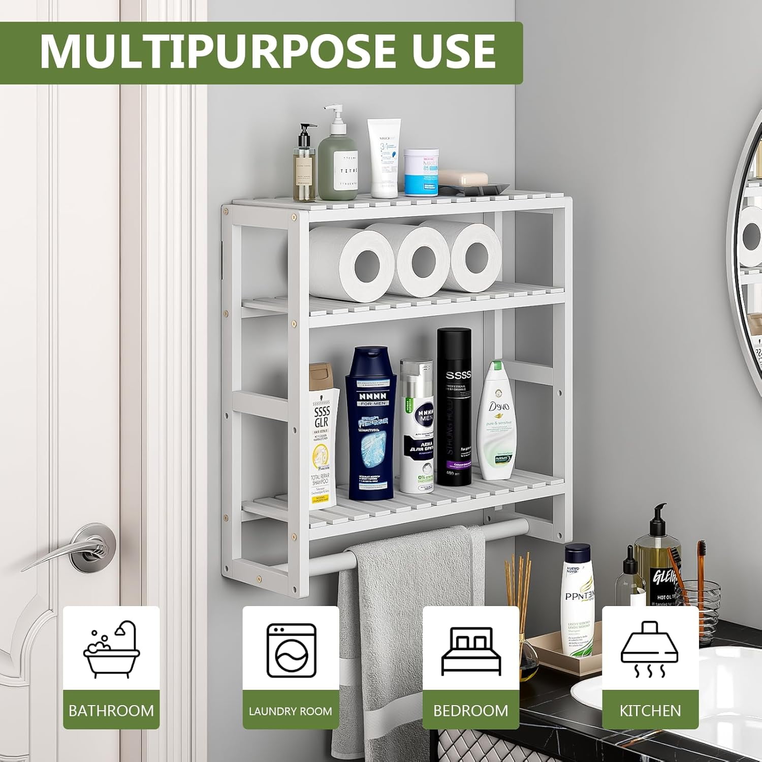 Bamworld Bathroom Shelves Bathroom Organizer Adjustable 3 Tiers Bamboo Floating Shelf over the Toilet Storage with Hanging Rod (White)
