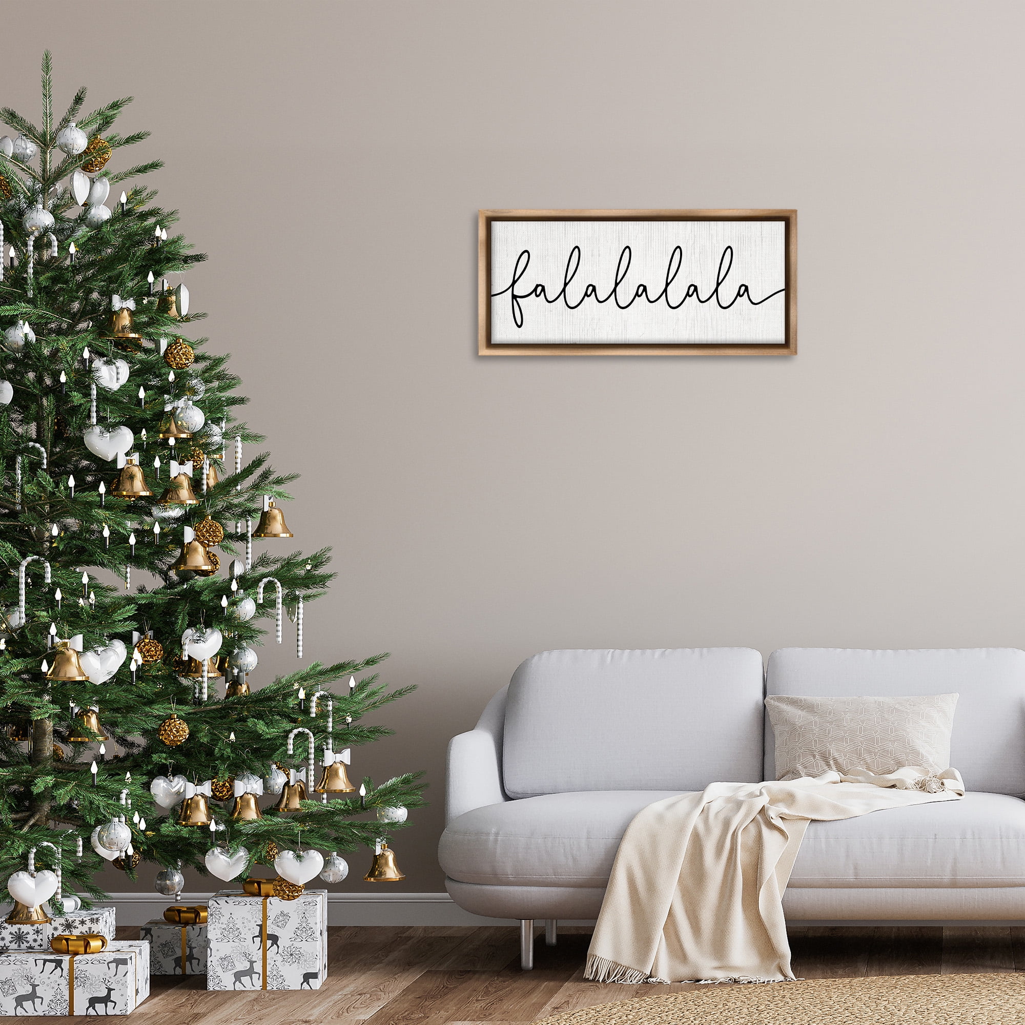 Stupell Industries Falalalala Minimal Holiday Phrase Holiday Painting Brown Floater Framed Canvas Art Print Wall Art, 31 x 14