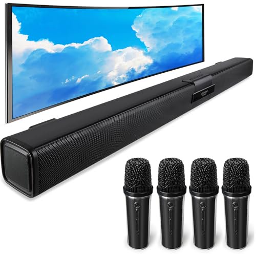 Quntelon Altavoz de barra de sonido para TV con Bluetooth/AUX/USB/TF/Coaxial, barra de sonido para Smart TV con 4 micrófonos inalámbricos, sistema de sonido envolvente para TV (negro completo, 4 micró