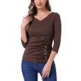 thumbnail image 1 of Blusa de mujer con fruncidos Inspire Chic, decoración de botones, cuello en V, manga 3/4, top de punto sólido, talla XS, marrón café, 1 of 5