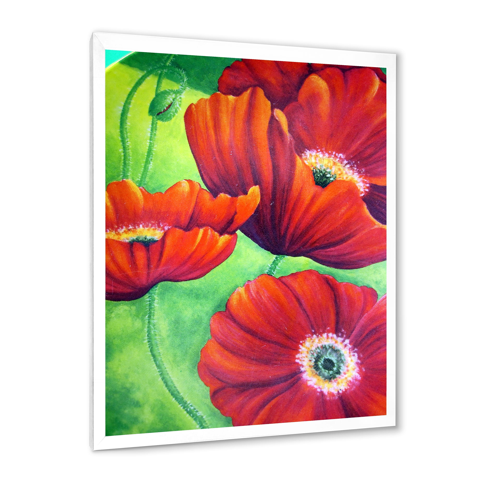 Designart 'Red Blossoming Poppies Over Wild Green V' Traditional Framed Art Print