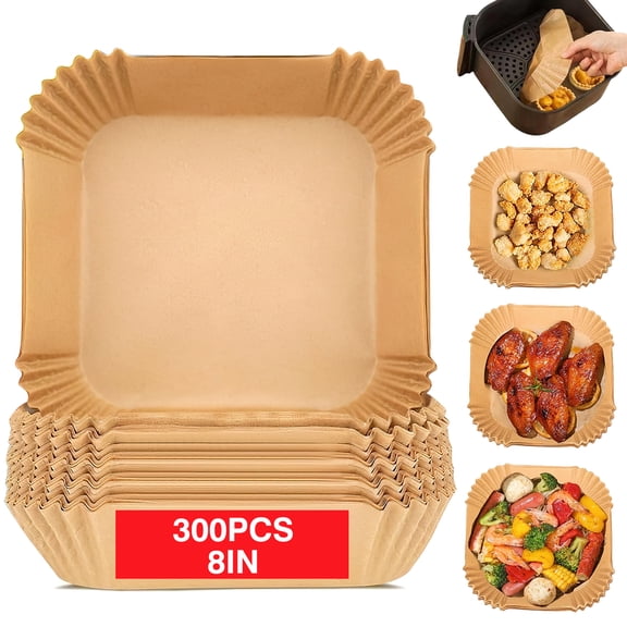 VEGCOO Air Fryer Liners, 300-Pack 8 Inch Square Disposable Parchment Paper Sheets - Heavy Duty Non-Stick, Oil-Proof & Waterproof Baking Sheets for 5-8 QT Air Fryer Basket, Oven, Microwave