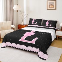Manfei Initial Letter L Twin Sheet Sets,Galaxy Starry Night Twin Fitted Sheet,Pink Sequin Print Flat Sheet For Girl,Breathable Bedroom Decoration,3pcs
