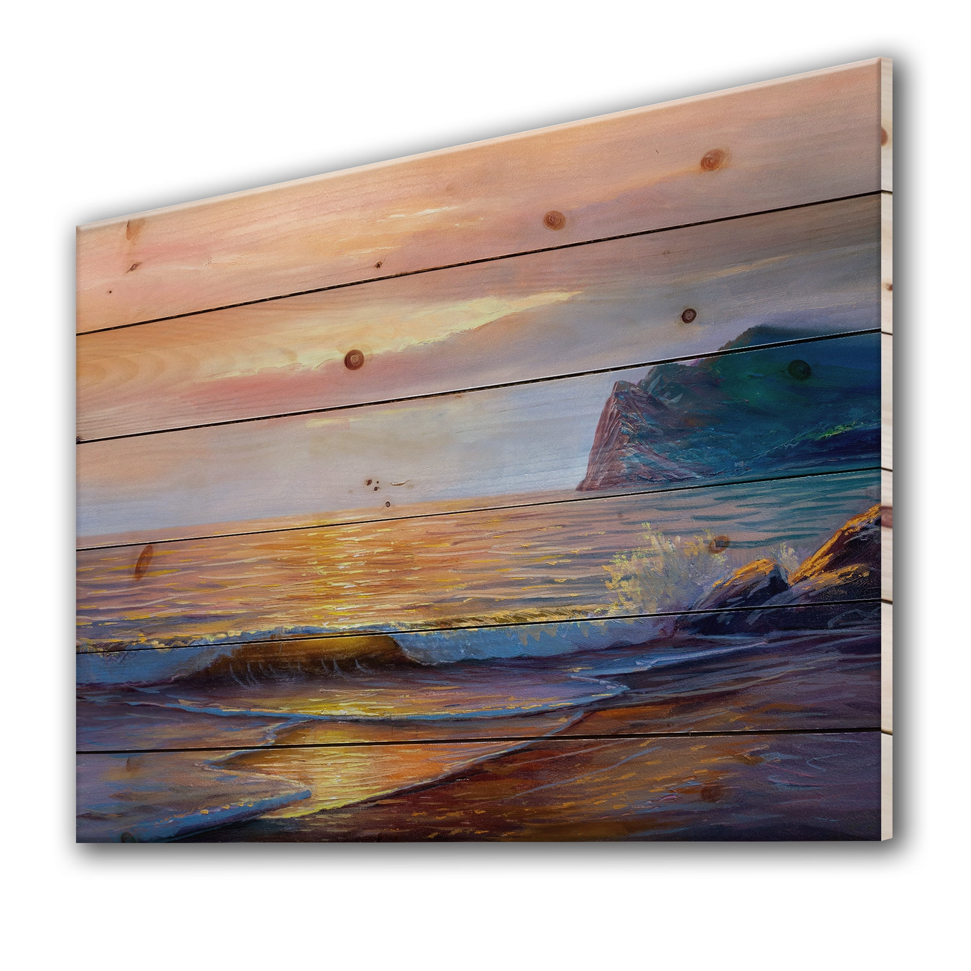 Designart 'Sunshine Reflecting Throug Braking Sea Waves XIII' Coastal Print on Natural Pine Wood