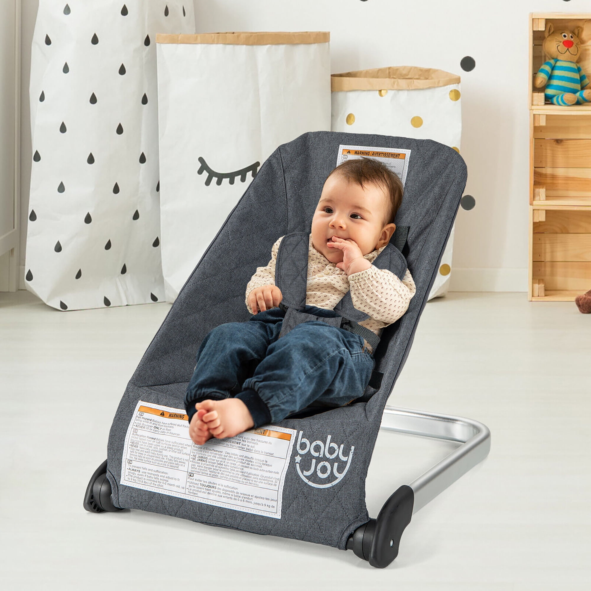 Gymax Folding Infant Bouncer Portable Baby Rocker w Breathable Backrest Aluminum Dark Gray