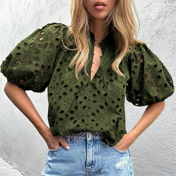 Jzuxvd Eyelet Tops for Women Summer Tops, Eyelet Blouse for Women Hollow Out Lace Top Embroidered Blouses, V Neck Button Puff Sleeve Army Green L