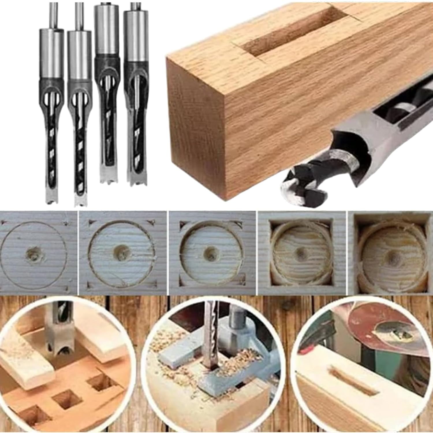 Woodworking Square Hole Drill Bits, 4pcs/6pcs Square Hole Mortise Chisel Drill Bit Tools, 1/4, 5/16, 3/8,1/2, 9/16, 5/8 Wood Mortising Chisel Set for Machines (6pcs)