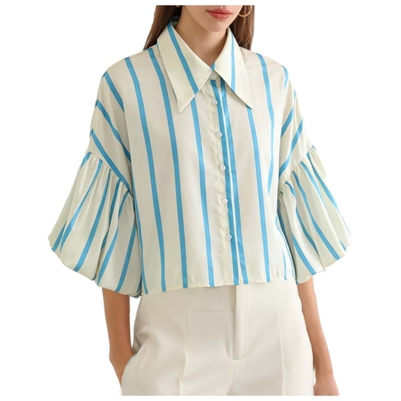Htigea Womens 3/4 Ruffle Sleeve T-Shirts Summer Crop Tops Collared Button Down Blouses Cute Tees Light Blue S