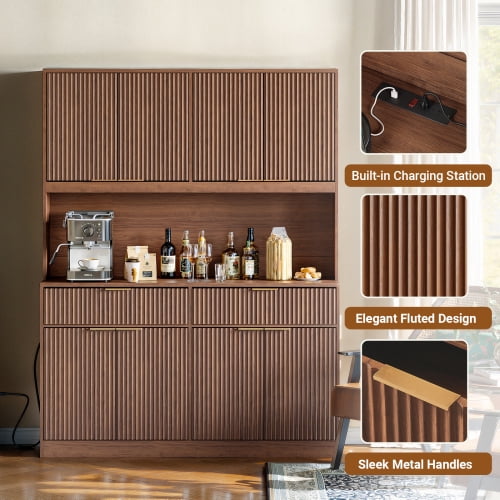 71" Tall Kitchen Pantry Cabinet with Power Outlet and Open Countertop, Modern Multi-Functional Storage Hutch Cabinet for Dining Room, Entryway and Living Room, Walnut